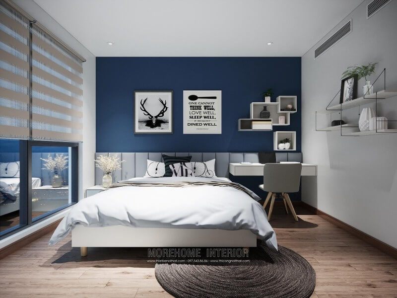 Giường ngủ con trai gỗ Acrylic màu trắng, phần vách đầu giường bọc da tạo điểm nhấn đẹp mắt vô cùng cuốn hút